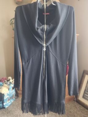 Barbara Lesser Women's Black Hooded Fringe Zip-Front Sweater